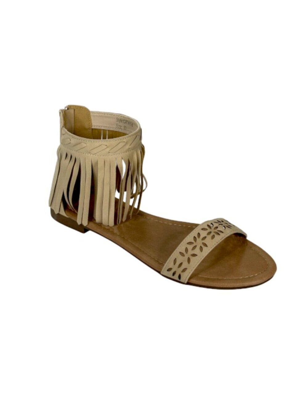 Adriana Cathy-8 Women Beige Fringe Ankle Flat Sandal Cutout Strap
